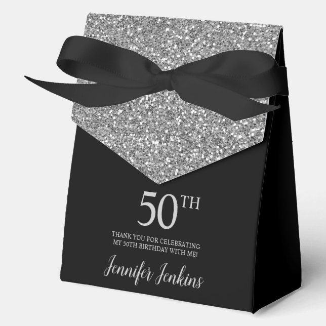 50th Birthday Black Silver Glitter Thank You Favour Box (Front)
