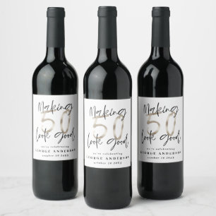 50th birthday black silver modern elegant wine lab label