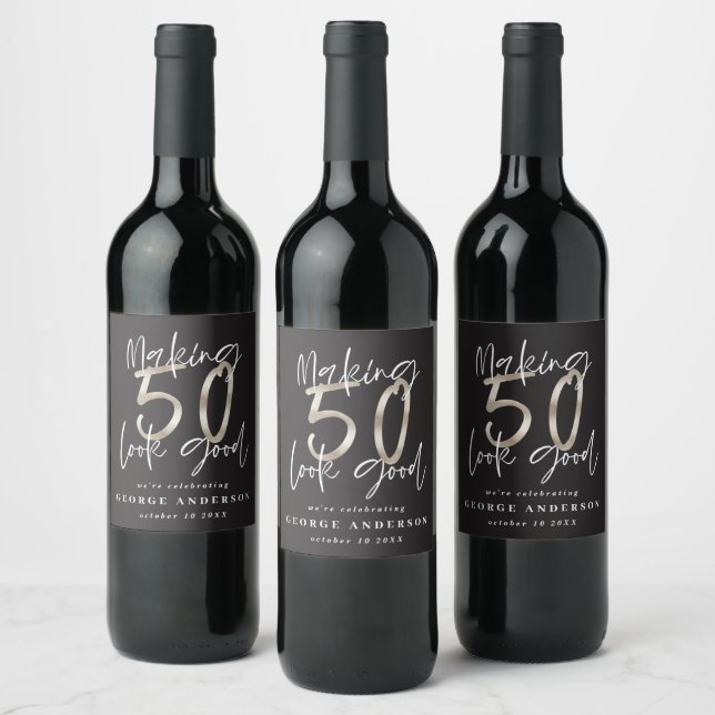 50th birthday black silver modern elegant wine label (Bottles)