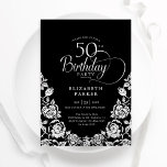 50th Birthday Black Silver Roses Invitation<br><div class="desc">Black silver elegant 50th birthday party invitation. Classy design featuring roses,  faux silver foil and typography script font. Trendy invite card perfect for a stylish female bday celebration. Personalise with your own details. Can be customised to any age. Printed Zazzle invitations or instant download digital printable template.</div>