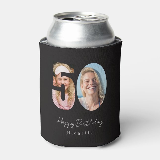 50th Birthday Black Two Photo  Can Cooler (Can Front)