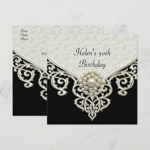 50th Birthday Black White Cream Pearl jewel Invitation