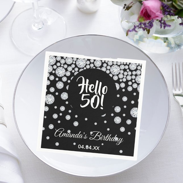 50th birthday black white diamonds glam name napkin (Creator Uploaded)