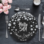 50th birthday black white diamonds name paper plate<br><div class="desc">An elegant and glamourous black and white paper plate for a 50th birthday party for a girl. A chic black coloured background.  A black coloured circle with modern hand lettered style text: Hello 50! Faux diamonds as decoration.  Template for a name and a date,  curved text.</div>