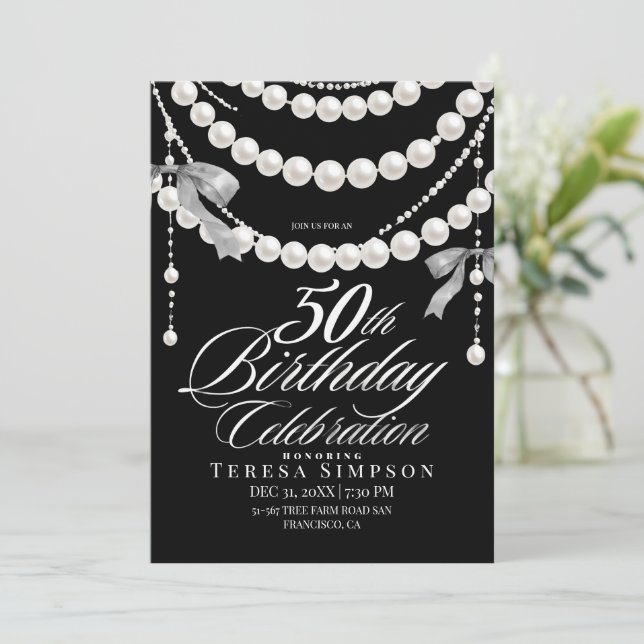50th Birthday Black & White Elegant Invitation (Standing Front)