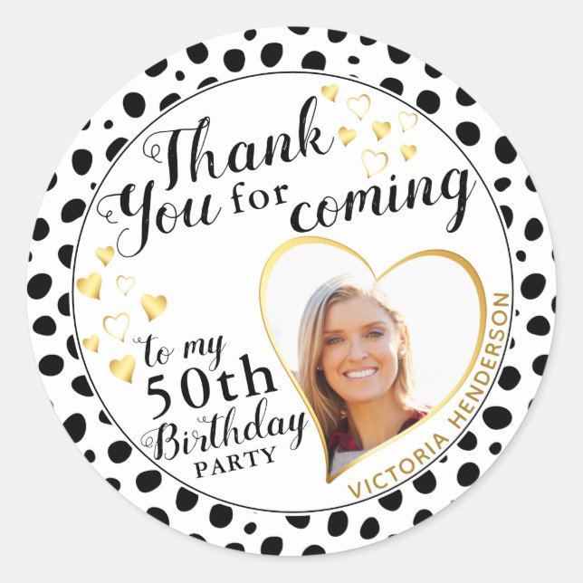 50th Birthday Black White Gold Favour Thank You Classic Round Sticker (Front)