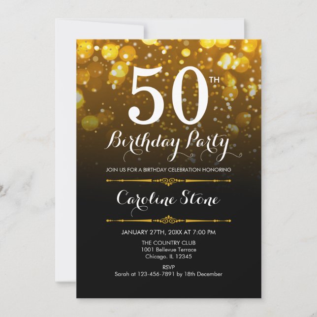 50th Birthday - Black White Gold Invitation (Front)