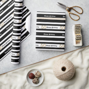 50th birthday black white gold wrapping paper