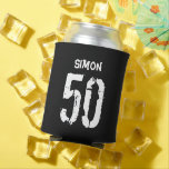 50th Birthday Black White Name Gag Gift Can Cooler<br><div class="desc">Add a Name for a Custom,  Personalised Over the Hill 50th Birthday Present Drink Holder.</div>