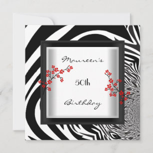 50th Birthday Black White Red Zebra Floral Asian Invitation