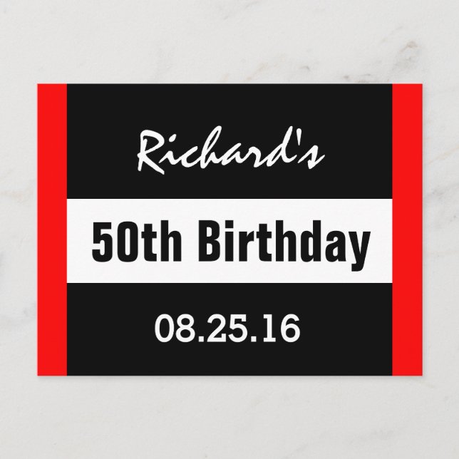 50th Birthday Black with Red Frame Geometric Z503 Announcement Postcard (Front)