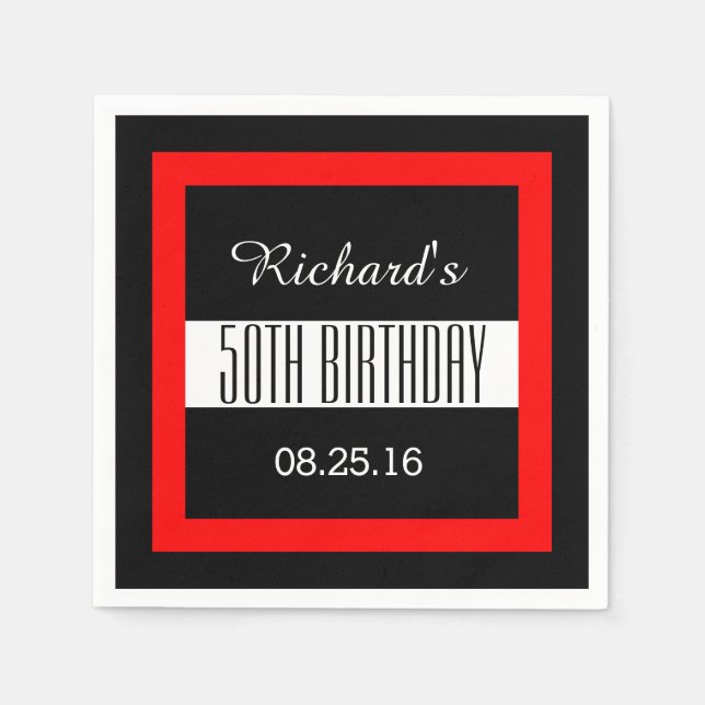 50th Birthday Black with Red Frame Geometric Z50 Napkin (Front)