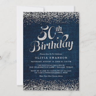 50th Birthday Bling Denim & Diamonds Party Invitation