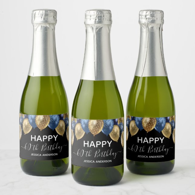 50th Birthday Blue and Gold Balloons  Sparkling Wi Sparkling Wine Label (Bottles)