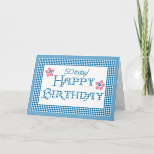 50th Birthday, Blue Check Gingham Pattern Card