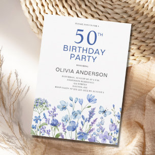 50th Birthday Blue Floral Botanical  Invitation