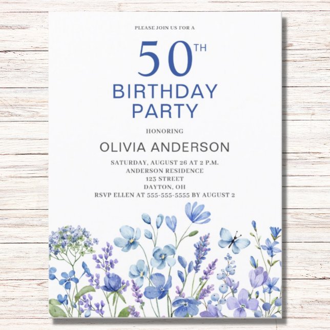 50th Birthday Blue Floral Invitation Postcard (Creator Uploaded)