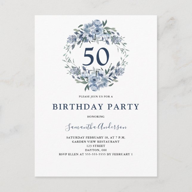 50th Birthday Blue Floral Watercolor  Invitation Postcard (Front)