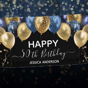 50th Birthday Blue Gold Balloons  Banner