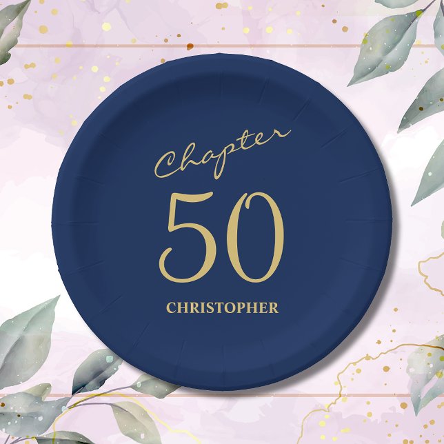 50th Birthday Blue Gold Chapter 50 Paper Plate (Make your loved one's 50th birthday celebration memorable with our stunning Blue Gold paper plates)