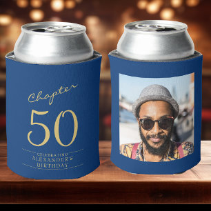 50th Birthday Blue Gold Photo Template Can Cooler