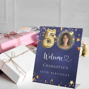 50th Birthday blue gold stars photo welcome Pedestal Sign
