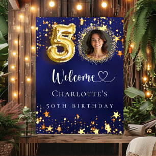 50th Birthday blue gold stars photo welcome Poster