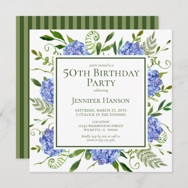 50th Birthday Blue Hydrangeas Floral Watercolor Invitation (Front/Back)