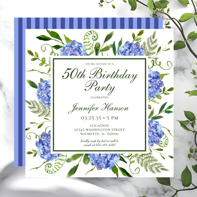 50th Birthday Blue Hydrangeas Script Invitation (Creator Uploaded)
