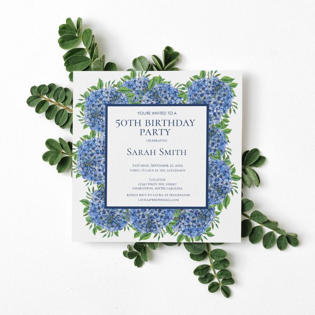 50th Birthday Blue Hydrangeas Watercolor Party Inv Invitation (Creator Uploaded)