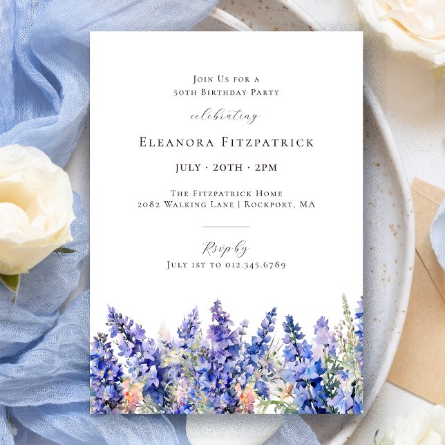 50th Birthday Blue Larkspur July Birth Flower Invitation (Creator Uploaded)