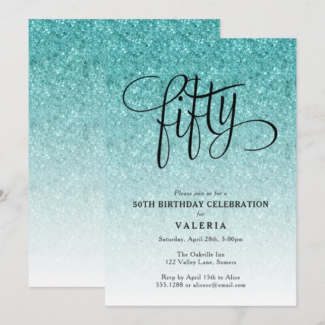 50th Birthday Blue Ombre Glitter Invitation (Front/Back)