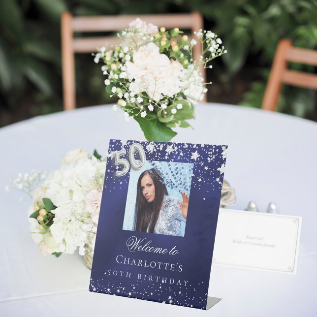 50th Birthday blue silver stars photo welcome Pedestal Sign (Creator Uploaded)