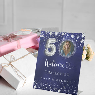 50th Birthday blue silver stars photo welcome Pedestal Sign