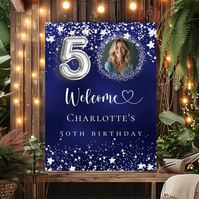50th Birthday blue silver stars photo welcome Poster (Creator Uploaded)