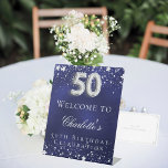 50th Birthday blue silver stars welcome party Pedestal Sign<br><div class="desc">A welcome sign for a 50th birthday party.  A navy blue background with elegant faux silver stars. The blue colour is uneven.  Personalise and add a name and text.  White letters.</div>
