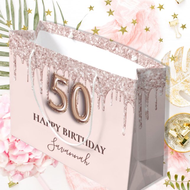 50th birthday blush pink glitter drips rose gold large gift bag (Creator Uploaded)