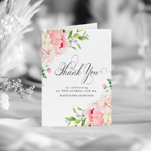 50th Birthday Blush Pink Peony Floral Folded Thank You Card