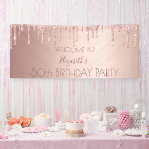 50th birthday blush rose gold glitter drips name banner