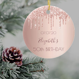 50th birthday blush rose gold glitter drips name ceramic tree decoration