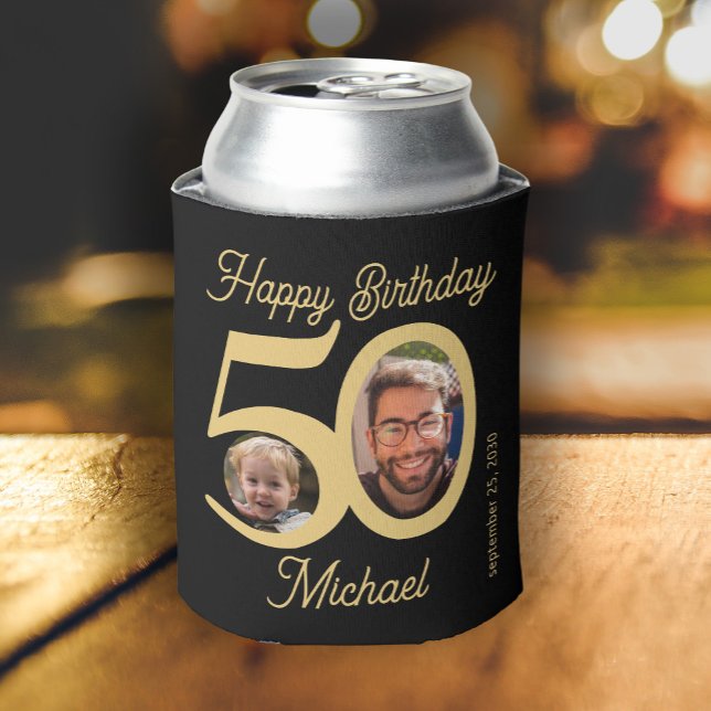 50th birthday bold black gold 2 photos name can cooler (Creator Uploaded)