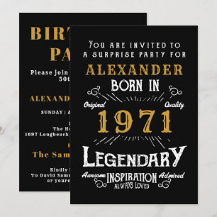 50th Birthday Born 1971 Black Gold Retro Vintage Invitation