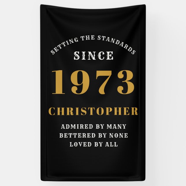50th Birthday Born 1973 Add Name Black Gold Banner (Vertical)