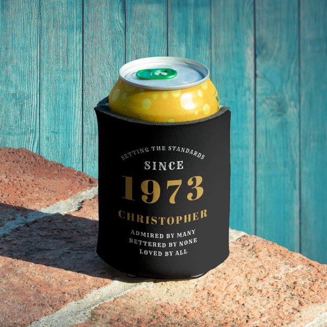 50th Birthday Born 1973 Add Name Black Gold Can Cooler (Creator Uploaded)