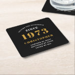 50th Birthday Born 1973 Add Name Black Gold Square Paper Coaster<br><div class="desc">Personalized Birthday add your name and year coaster. Edit the name and year with the template provided. A wonderful custom birthday party accessory. More gifts and party supplies available with the "setting standards" design in the store.</div>