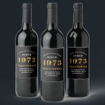 50th Birthday Born 1973 Add Name Black Gold Wine Label<br><div class="desc">Personalized Birthday add your name and year wine label. Edit the name and year with the template provided. A wonderful custom birthday party accessory. More gifts and party supplies available with the "setting standards" design in the store.</div>