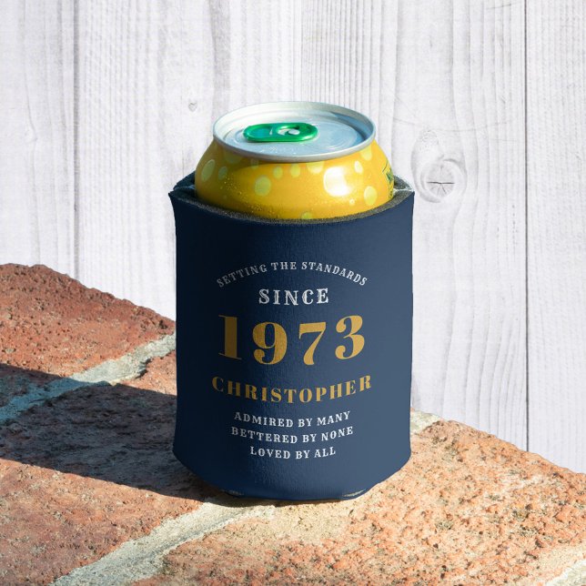 50th Birthday Born 1973 Add Name Blue Gold Can Cooler (Creator Uploaded)