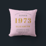 50th Birthday Born 1973 Add Name Pink Gray Cushion<br><div class="desc">Personalized Birthday add your name and year throw pillow. Edit the name and year with the template provided. A wonderful custom pink birthday home decor cushion. More gifts and party supplies available with the "setting standards" design in the store.</div>