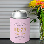 50th Birthday Born 1973 Add Name Pink Grey Can Cooler<br><div class="desc">Personalised Birthday add your name and year can cooler. Edit the name and year with the template provided. A wonderful custom birthday party accessory. More gifts and party supplies available with the "setting standards" design in the store.</div>