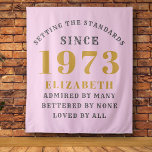50th Birthday Born 1973 Add Name Pink Grey Large Tapestry<br><div class="desc">Celebrate the special occasion of a 50th birthday with this luxurious pink and grey wall banner, perfect for personalising with name and year of your birth, 1973. This large tapestry is adorned with a beautiful, unique design and a stylish font for a memorable, one-of-a-kind birthday celebration. Showcase this special keepsake...</div>